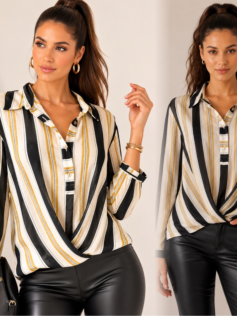 CAbi Striped Black, Gold & Cream Wrap-Front Button Down Top